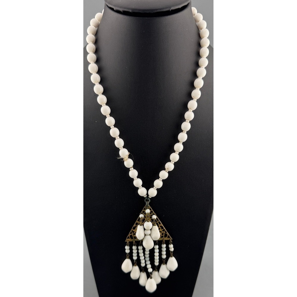 Vintage Miriam Haskell Milk Glass Bead Necklace Filigree Tassel Drop Signed 16"